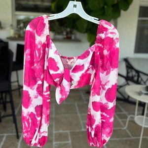 Pink Floral Crop Top with Trumpet Sleeves